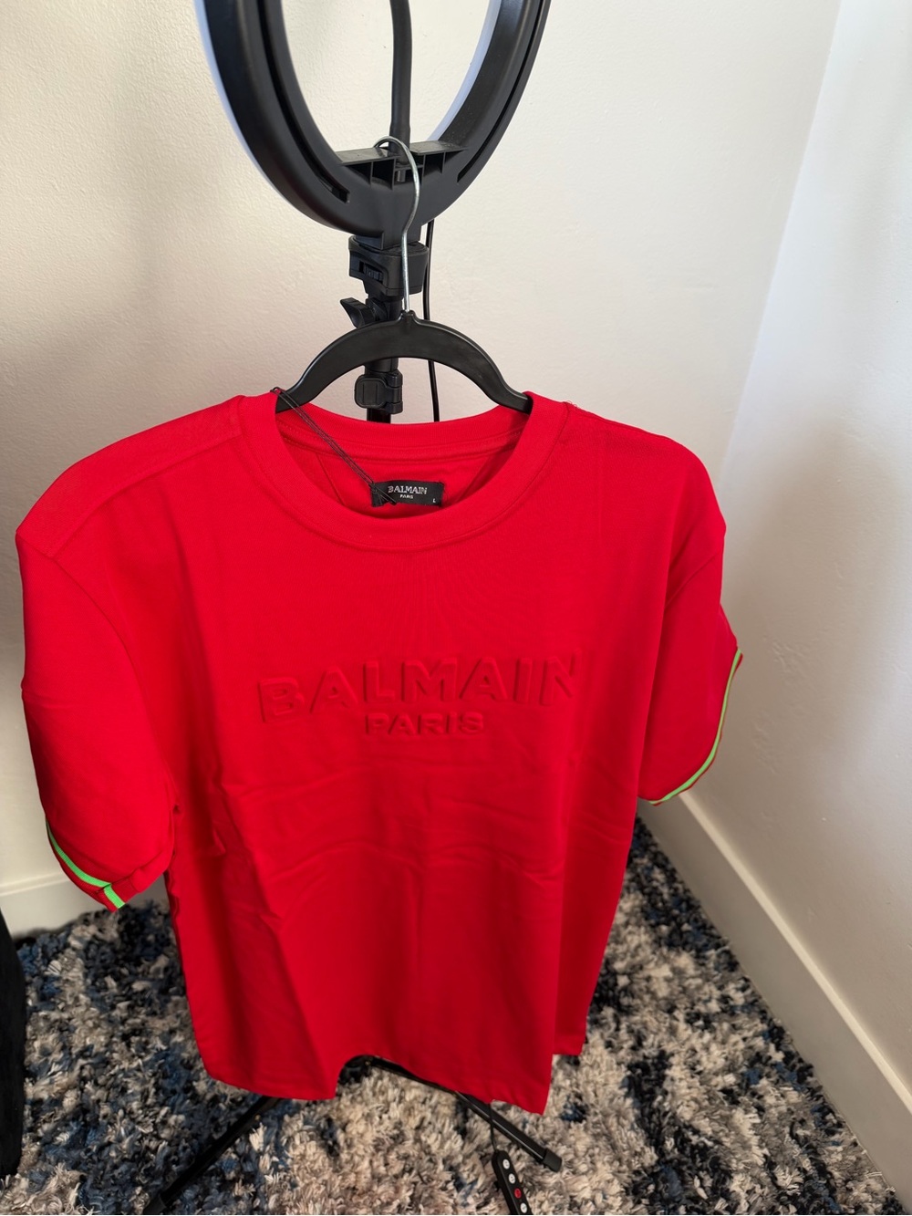 Balmain Kids Red Tee with Subtle Green and Yellow Sleeve Trim